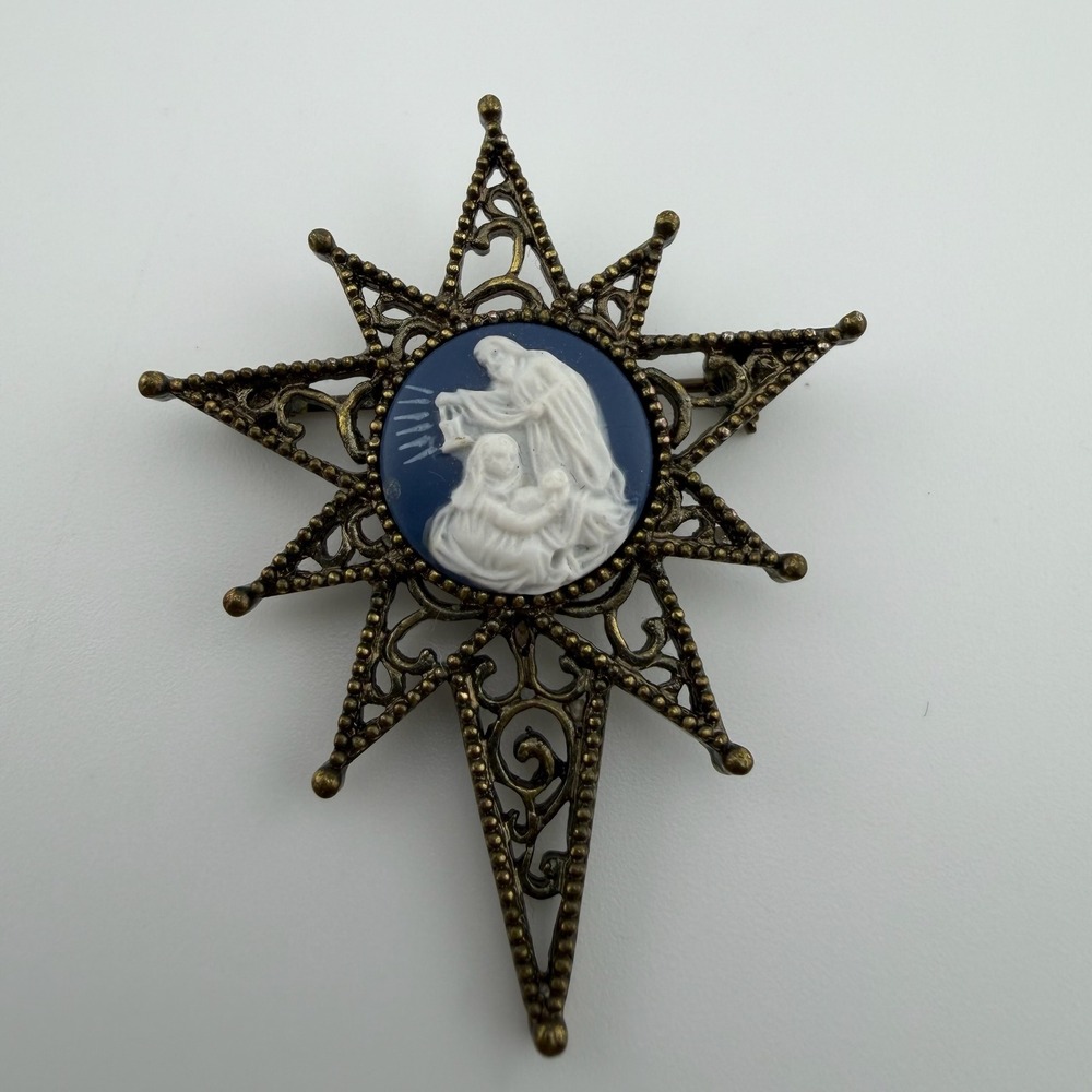Bronze Blue Nativity Cameo Star Brooch Pin Religious Accessory